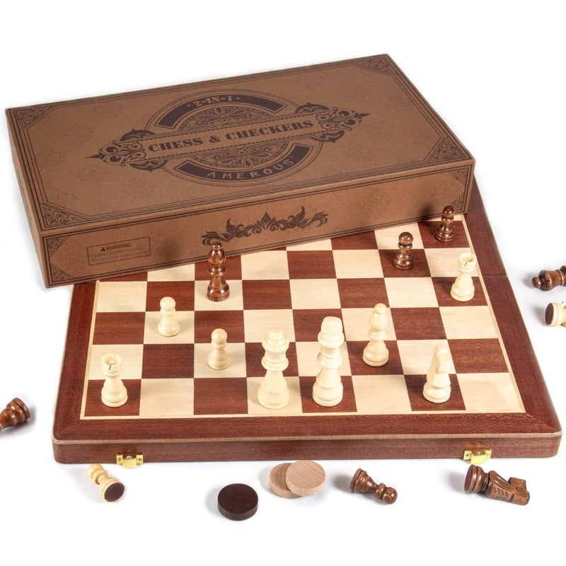 AMEROUS 15 Inches Magnetic Wooden Chess & Checkers Set (2 in 1) - Folding Board -Gift Box Packed -24 Cherkers Pieces -2 Extra Queens, Beginner Chess Set for Kids and Adults - Image 4